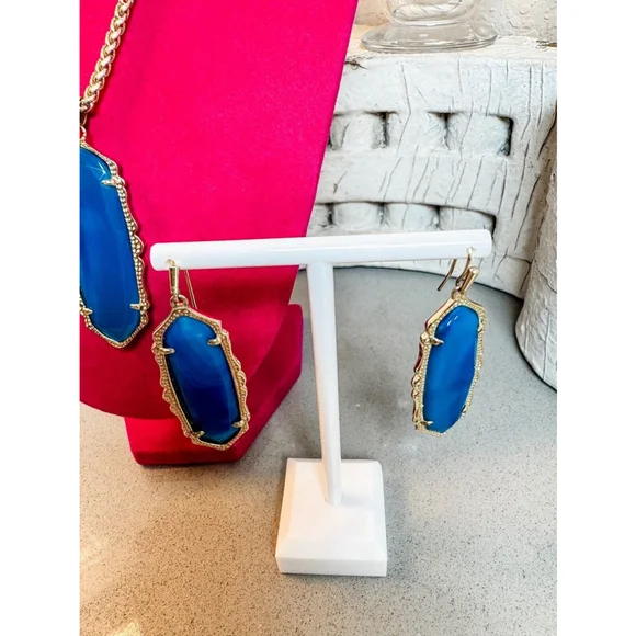 KENDRA SCOTT Teal blue Agate Frances Necklace & Earrings Gold Tone Rare - Picture 3 of 8